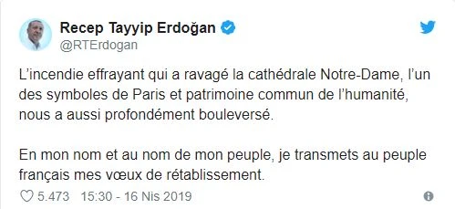 Cumhurbaşkanı Erdoğan'dan Notre Dame Katedrali yangınına ilişkin açıklama
